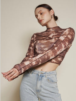 brown and white tie dye mesh top
