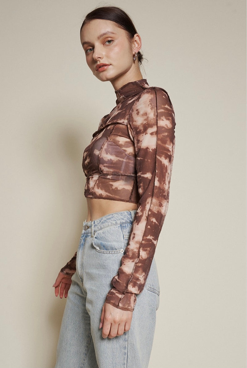 brown and white tie dye mesh top
